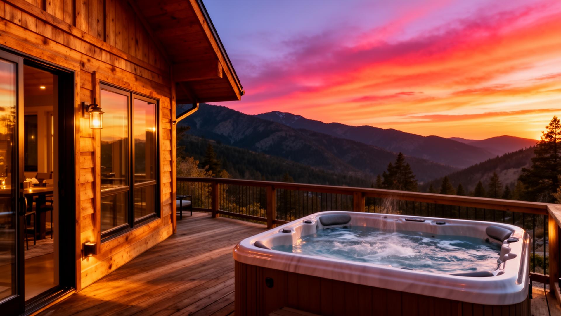 Luxury short-term rental cabin at sunset